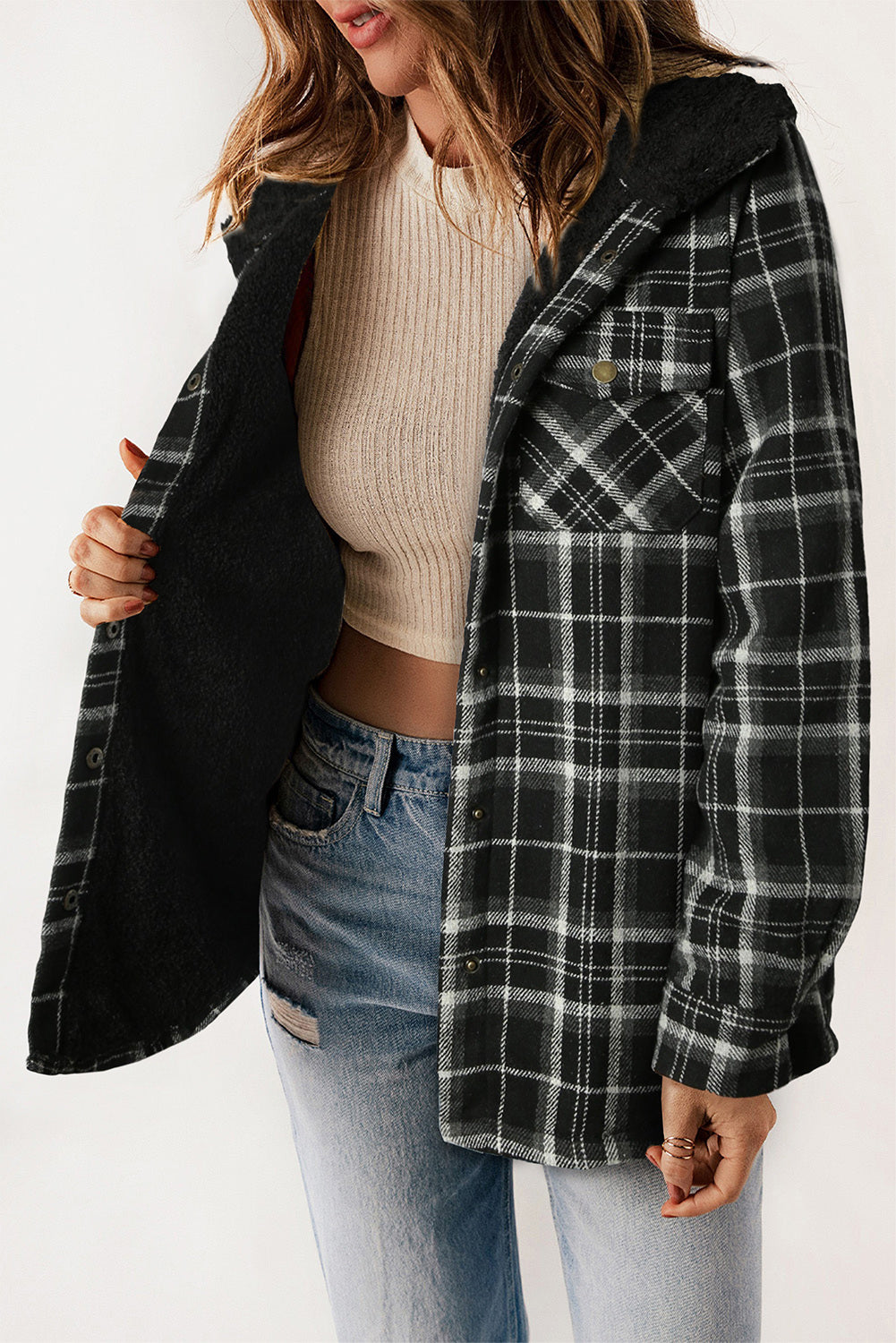 Dokotoo Womens Plaid Shacket Jacket Long Sleeve Button Down Fleece Hooded Jackets Warm Coat
