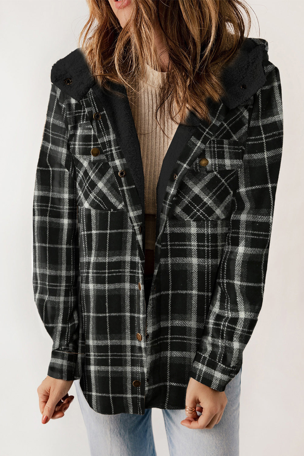 Dokotoo Womens Plaid Shacket Jacket Long Sleeve Button Down Fleece Hooded Jackets Warm Coat