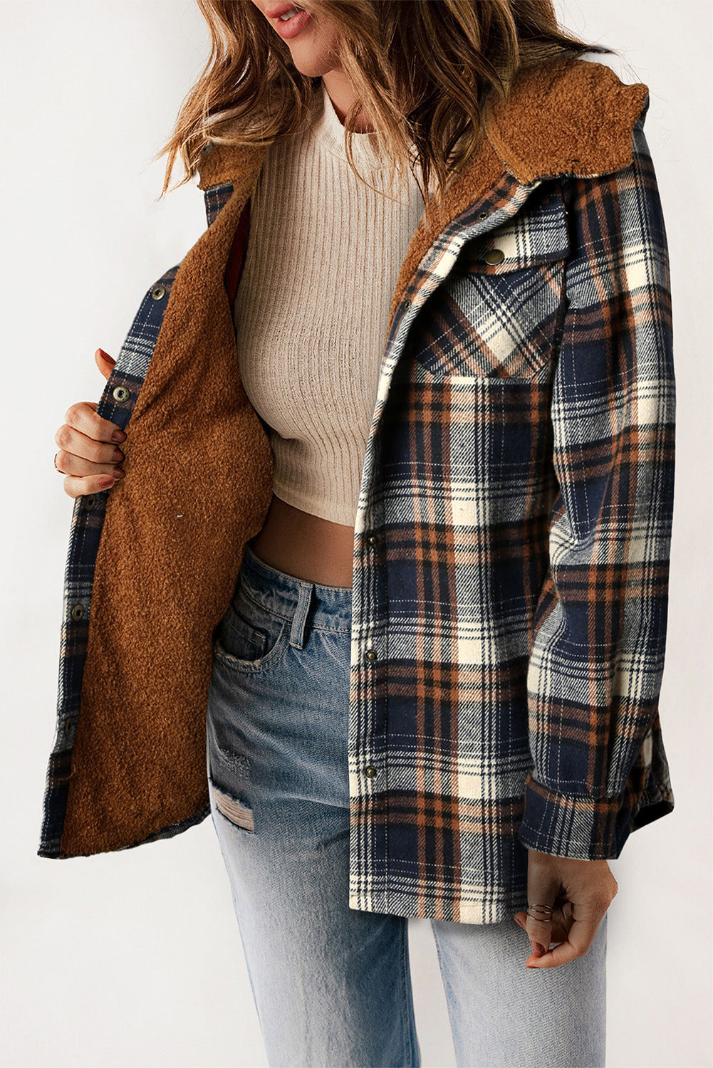 Dokotoo Womens Plaid Shacket Jacket Long Sleeve Button Down Fleece Hooded Jackets Warm Coat