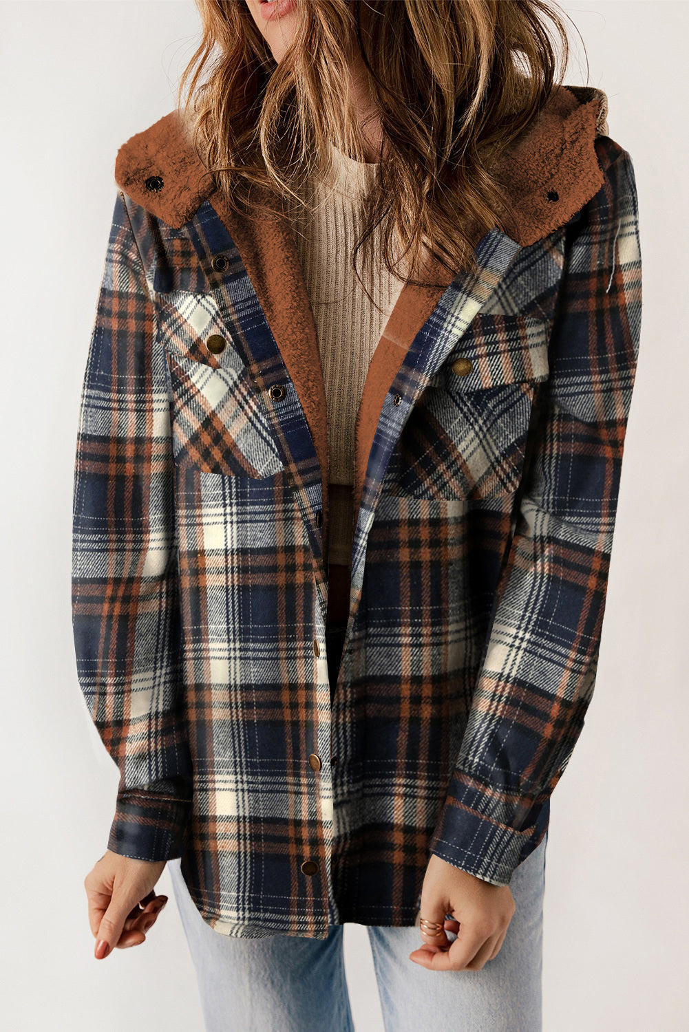 Dokotoo Womens Plaid Shacket Jacket Long Sleeve Button Down Fleece Hooded Jackets Warm Coat