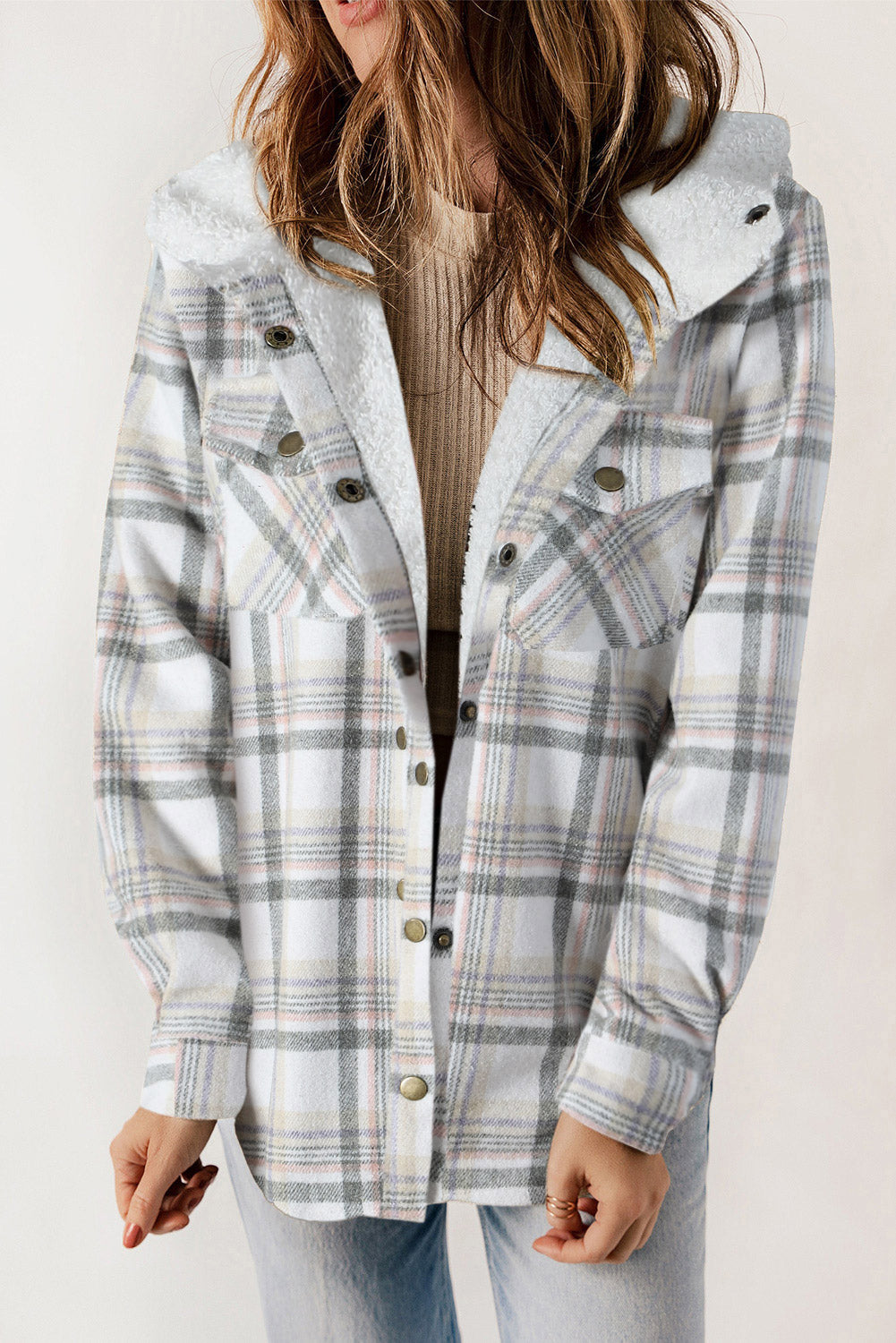 Dokotoo Womens Plaid Shacket Jacket Long Sleeve Button Down Fleece Hooded Jackets Warm Coat