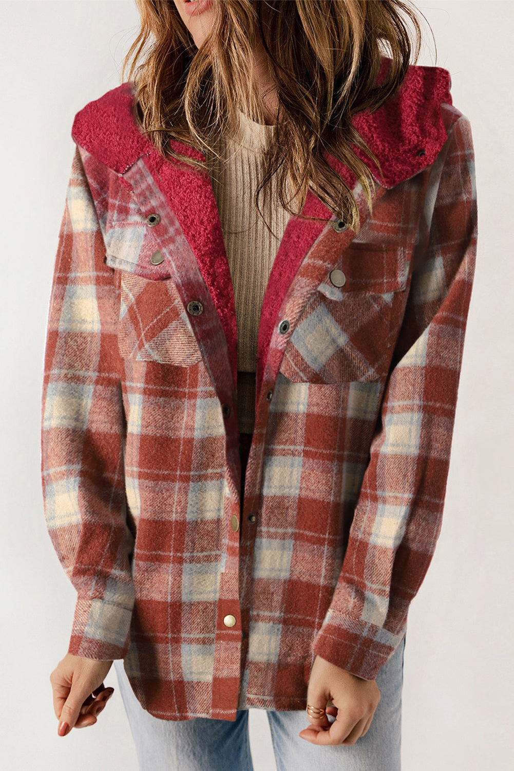 Dokotoo Womens Plaid Shacket Jacket Long Sleeve Button Down Fleece Hooded Jackets Warm Coat