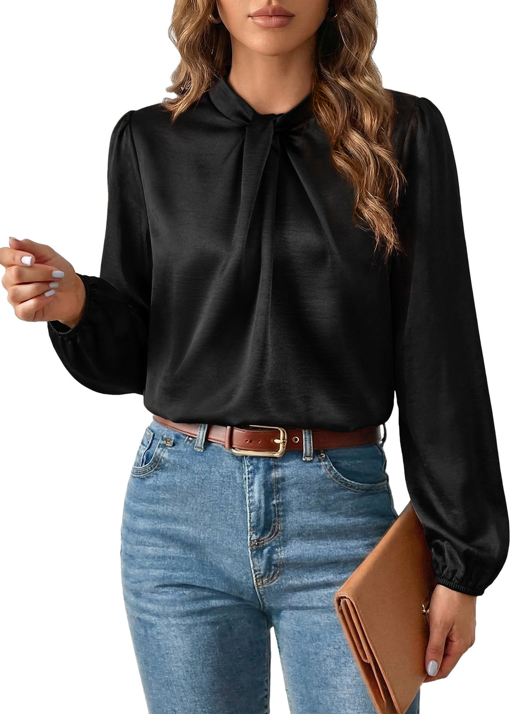 Women's Long Sleeve Satin Blouse,Mock Neck Work Silk Shirts,Dressy Tops for Business Casual Office