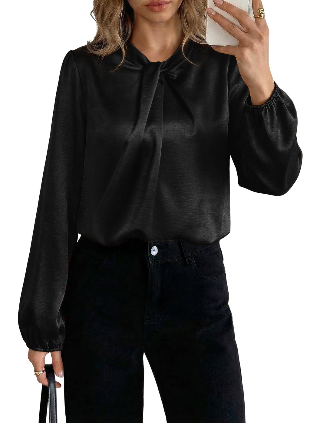 Women's Long Sleeve Satin Blouse,Mock Neck Work Silk Shirts,Dressy Tops for Business Casual Office