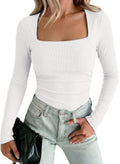 Dokotoo Womens Long Sleeve Built in Bra Tops Double Lined Square Neck Shirt