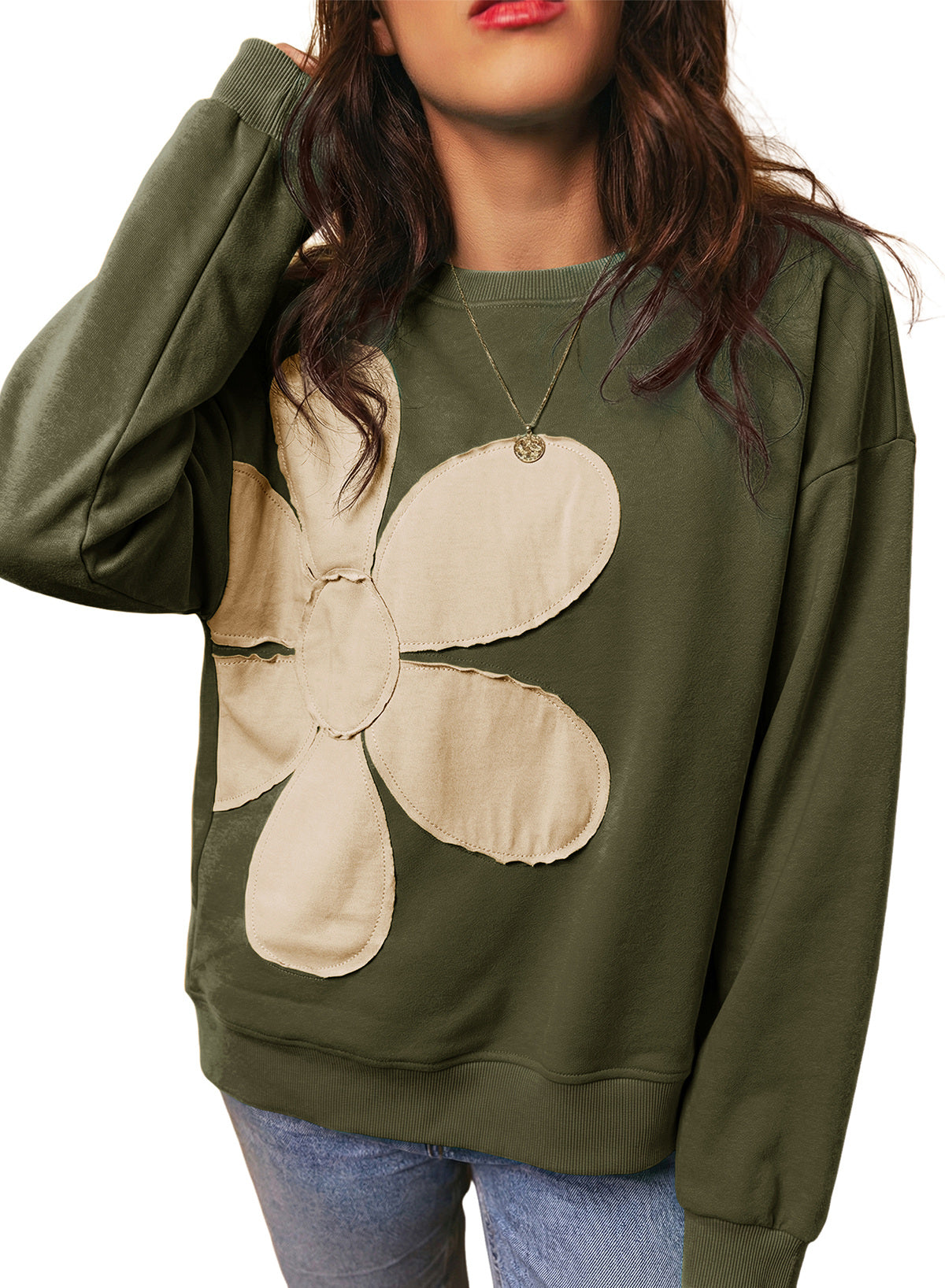 Womens Sweatshirt Long Sleeve Crew Neck Pullover Tops Floral Clothes