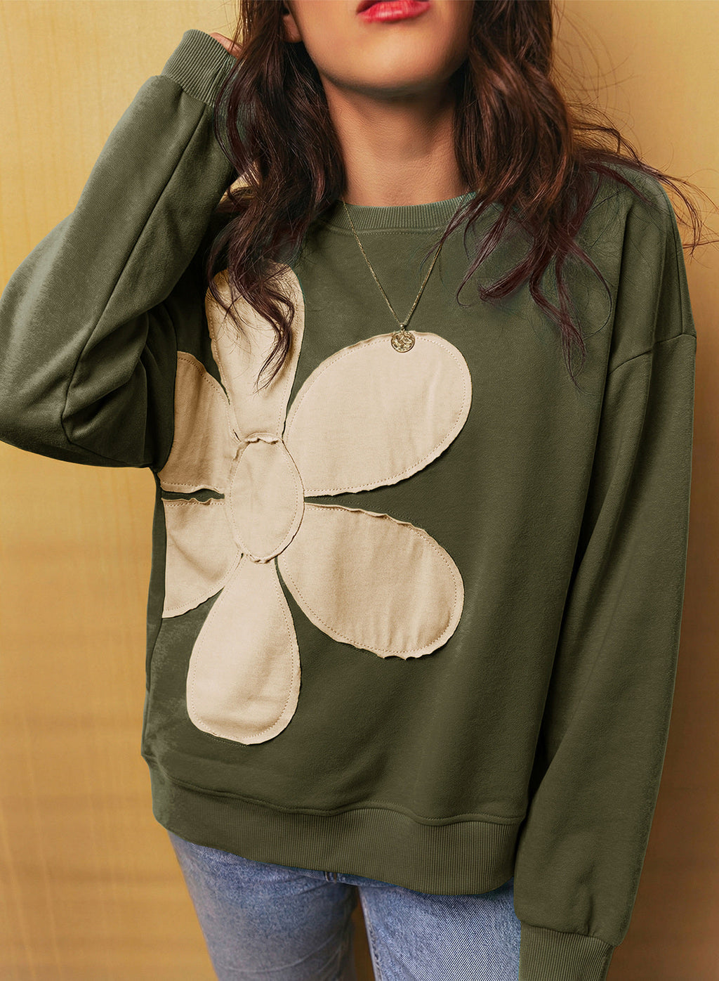 Womens Sweatshirt Long Sleeve Crew Neck Pullover Tops Floral Clothes