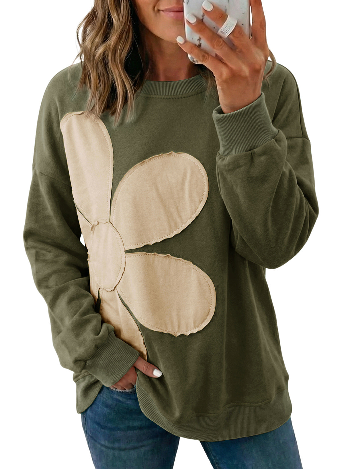 Womens Sweatshirt Long Sleeve Crew Neck Pullover Tops Floral Clothes