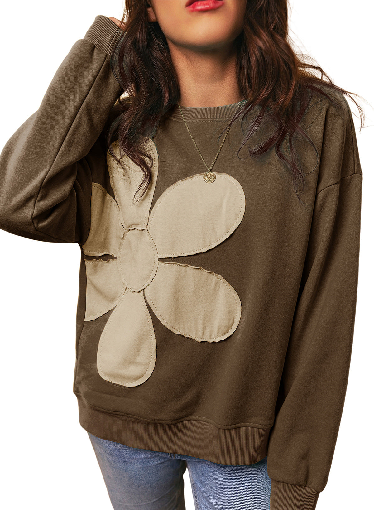 Womens Sweatshirt Long Sleeve Crew Neck Pullover Tops Floral Clothes