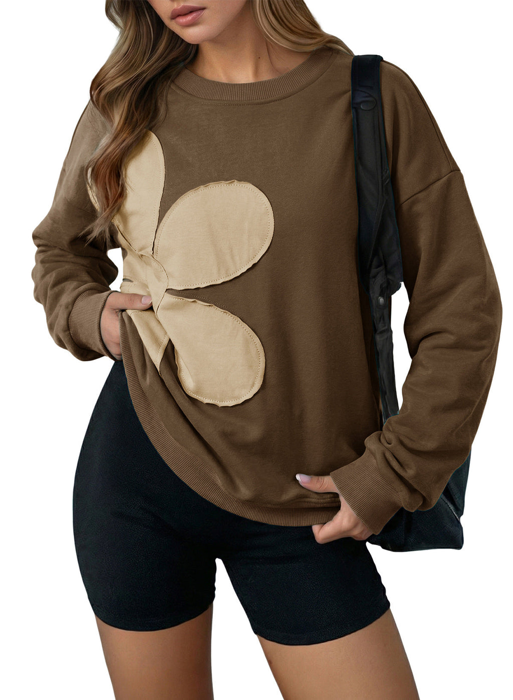 Womens Sweatshirt Long Sleeve Crew Neck Pullover Tops Floral Clothes