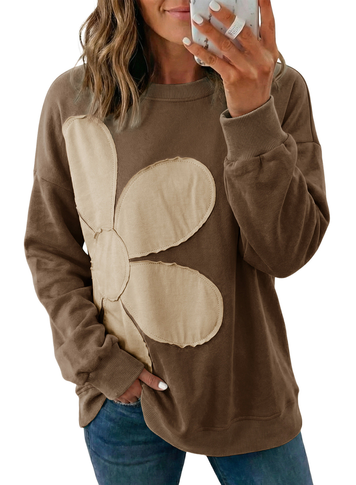 Womens Sweatshirt Long Sleeve Crew Neck Pullover Tops Floral Clothes