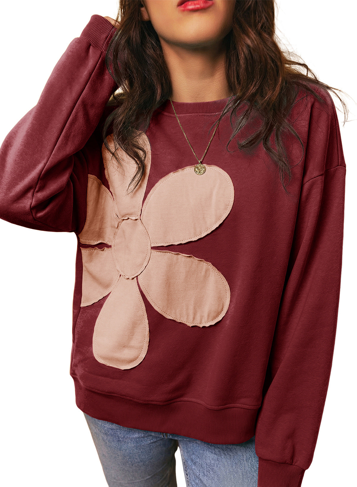 Womens Sweatshirt Long Sleeve Crew Neck Pullover Tops Floral Clothes