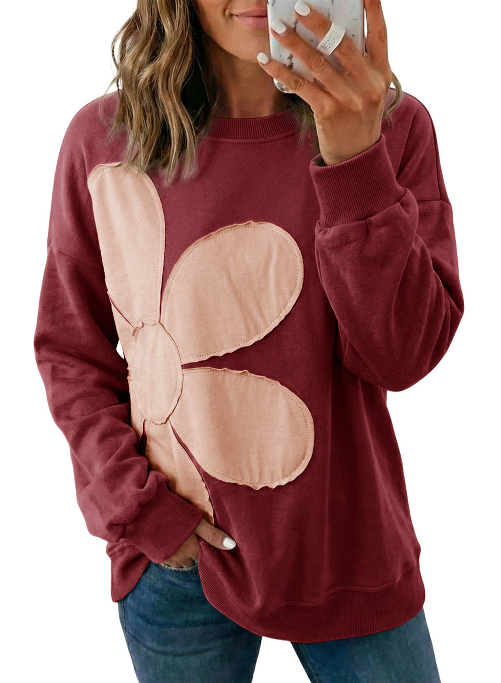 Womens Sweatshirt Long Sleeve Crew Neck Pullover Tops Floral Clothes