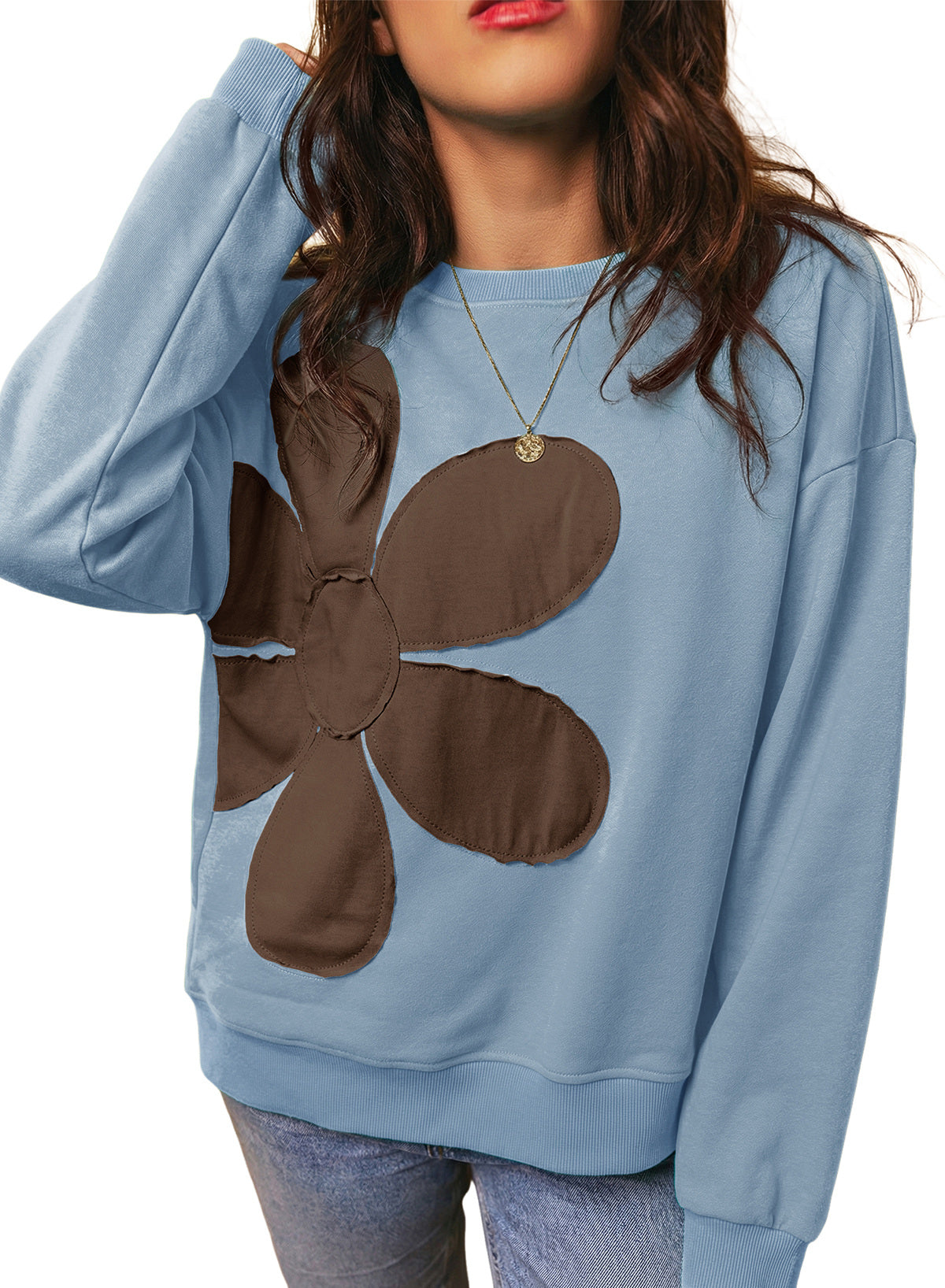 Womens Sweatshirt Long Sleeve Crew Neck Pullover Tops Floral Clothes