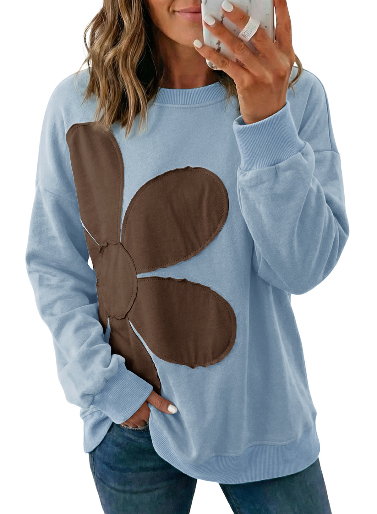 Womens Sweatshirt Long Sleeve Crew Neck Pullover Tops Floral Clothes