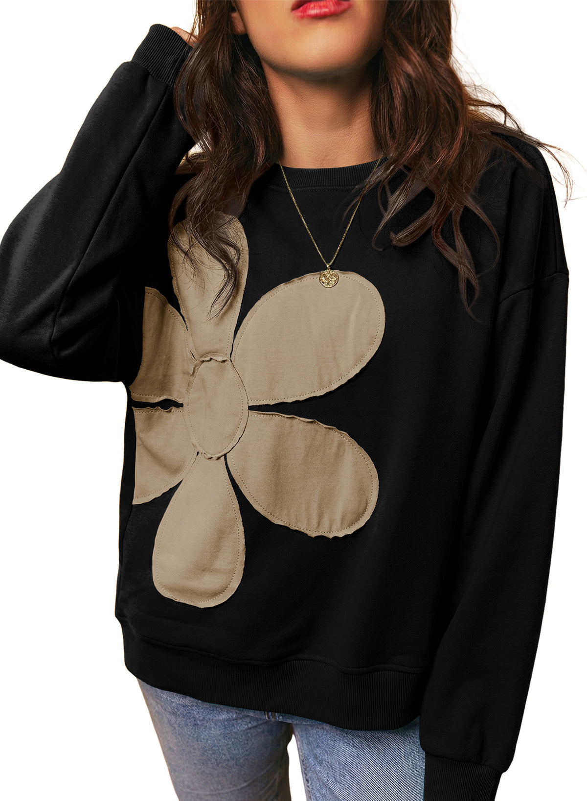 Womens Sweatshirt Long Sleeve Crew Neck Pullover Tops Floral Clothes