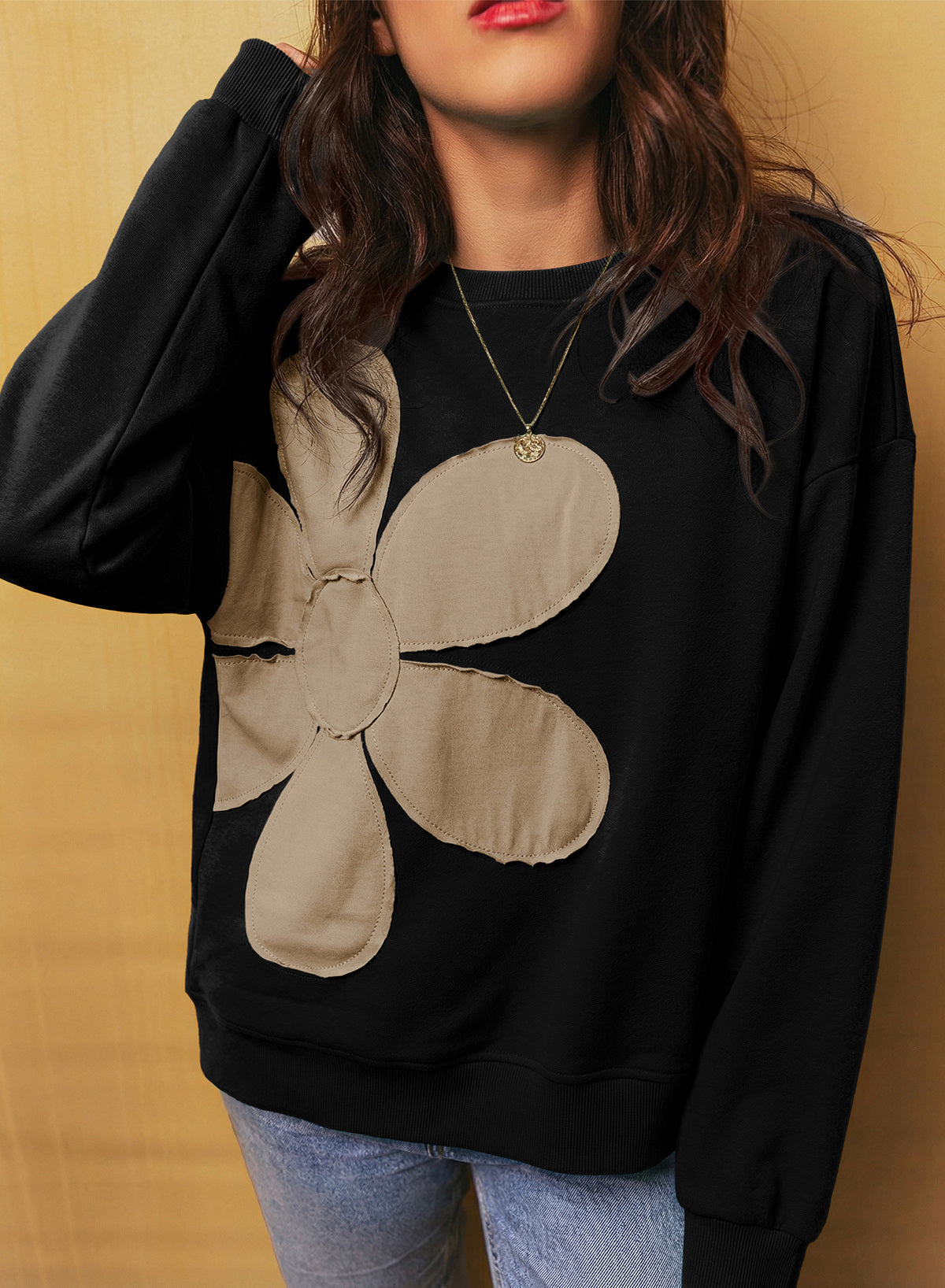 Womens Sweatshirt Long Sleeve Crew Neck Pullover Tops Floral Clothes