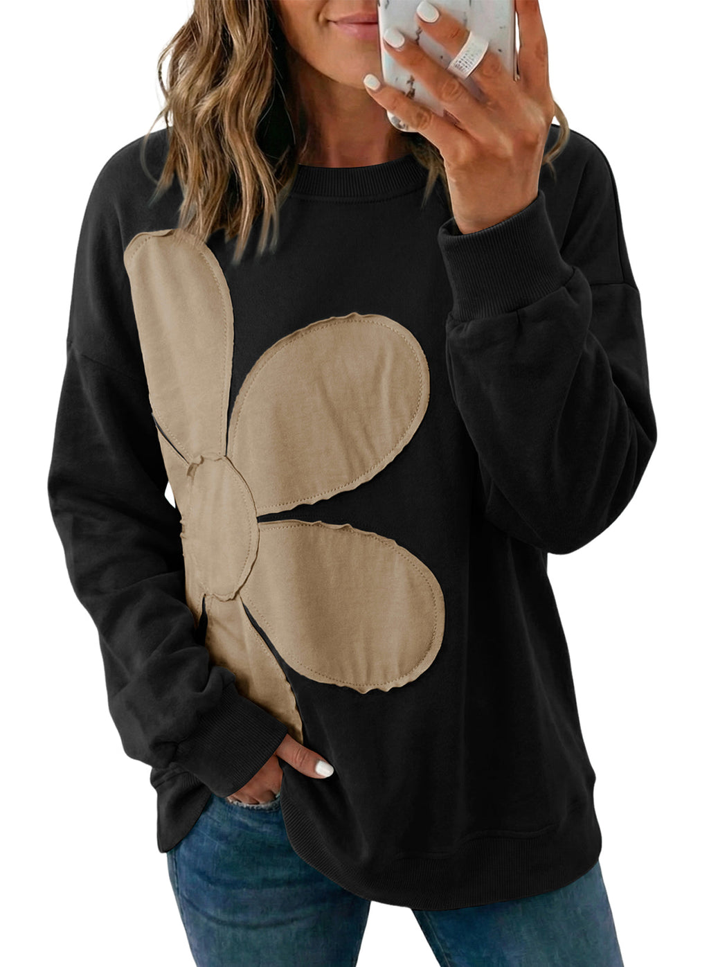 Womens Sweatshirt Long Sleeve Crew Neck Pullover Tops Floral Clothes