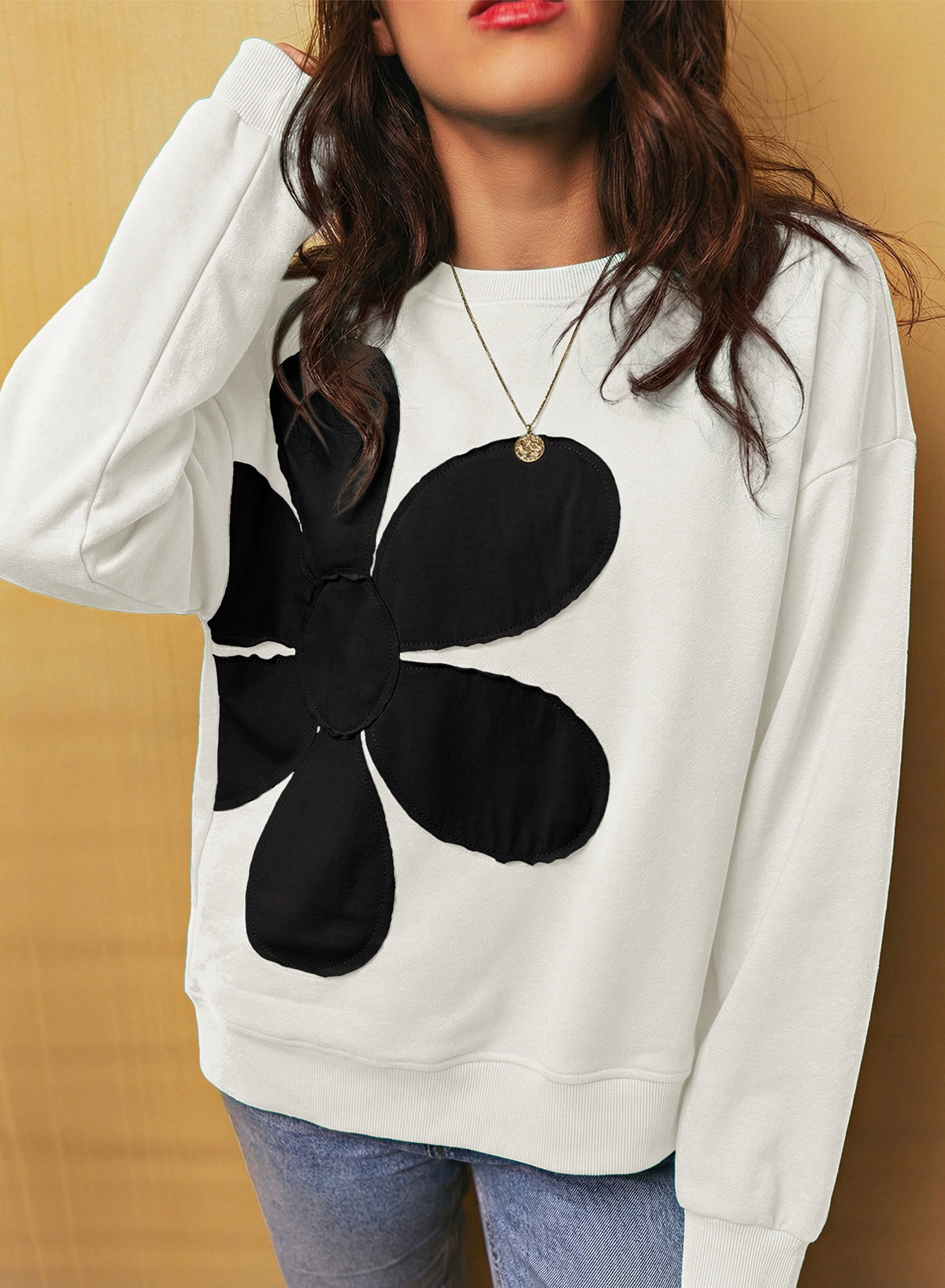 Womens Sweatshirt Long Sleeve Crew Neck Pullover Tops Floral Clothes