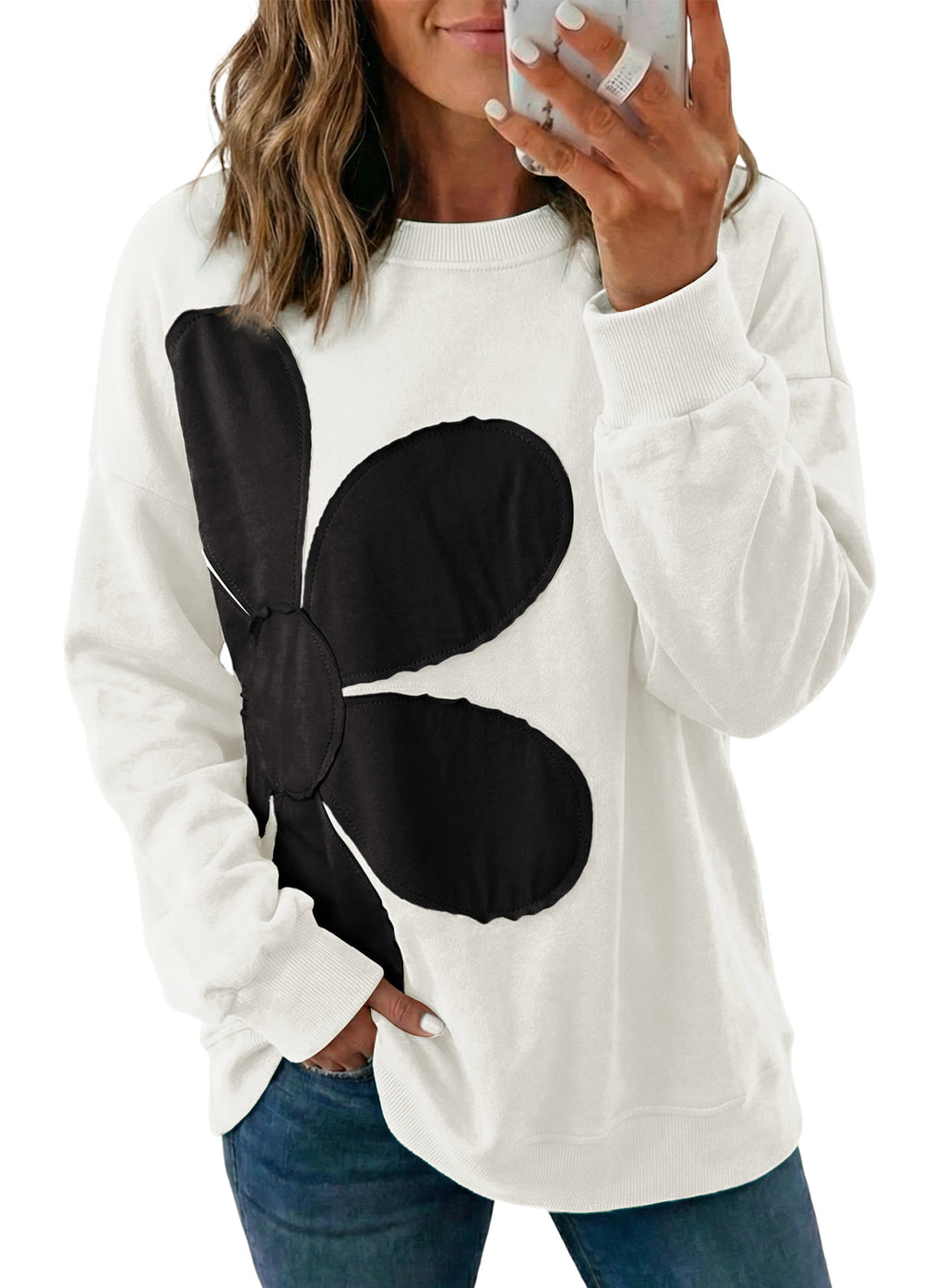 Womens Sweatshirt Long Sleeve Crew Neck Pullover Tops Floral Clothes