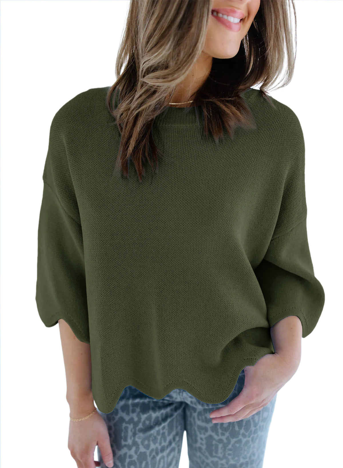 Sweaters for Women 3/4 Sleeve Scalloped Hem Top