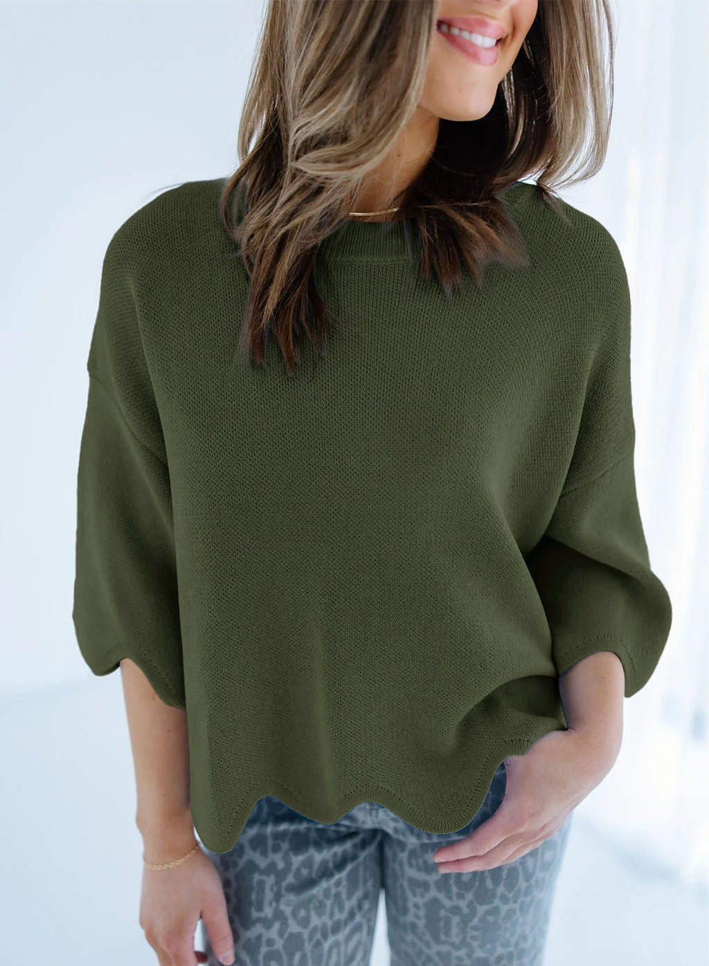 Sweaters for Women 3/4 Sleeve Scalloped Hem Top