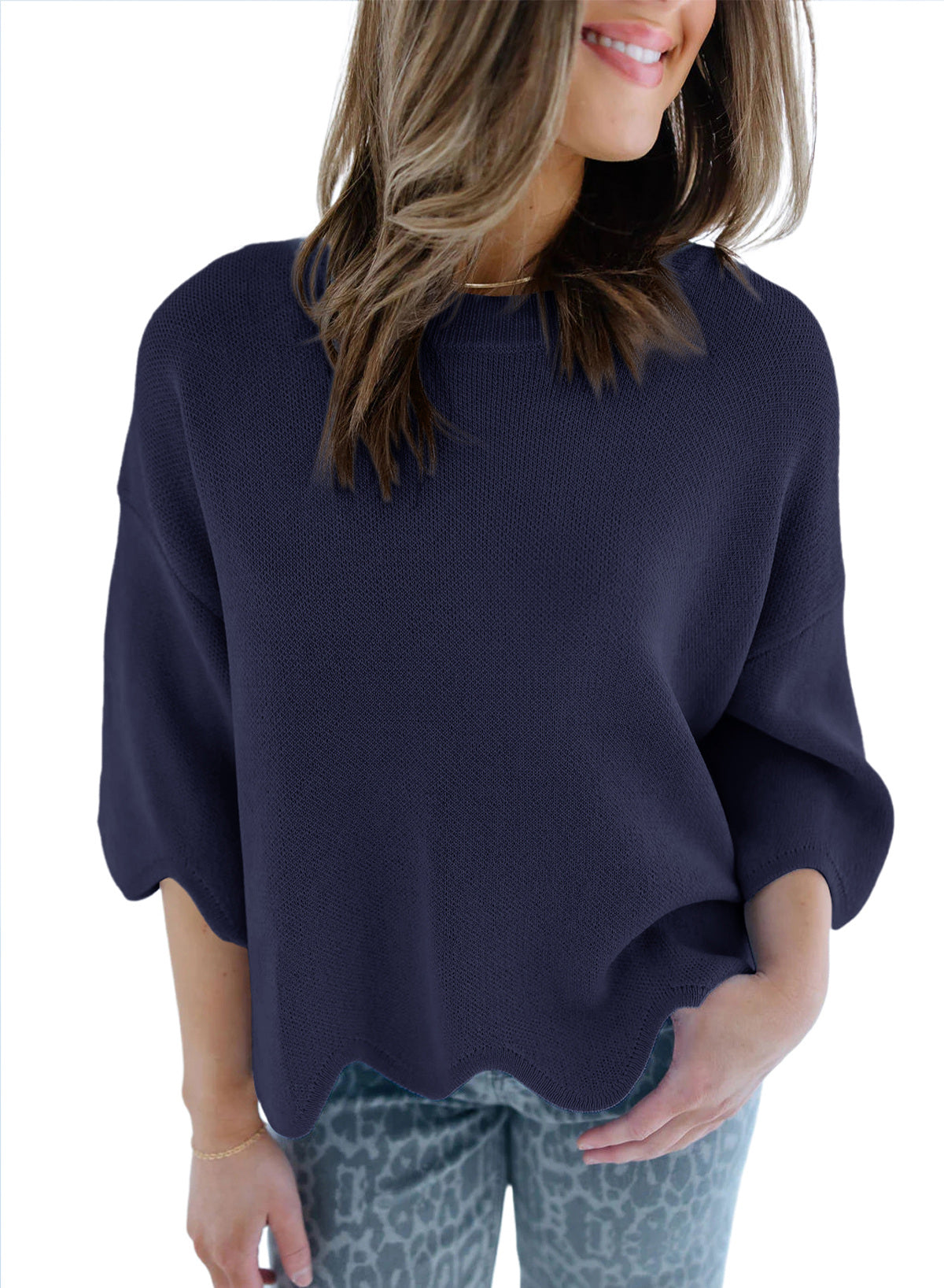 Sweaters for Women 3/4 Sleeve Scalloped Hem Top