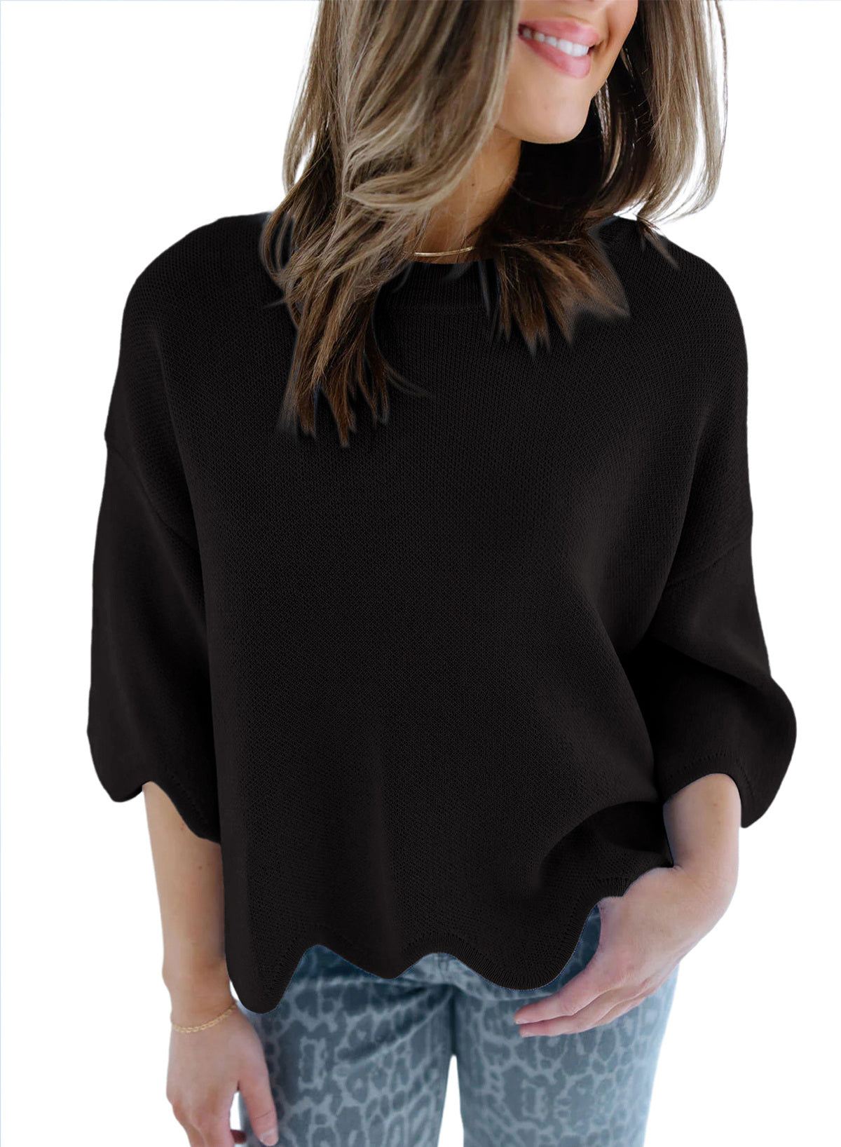 Sweaters for Women 3/4 Sleeve Scalloped Hem Top