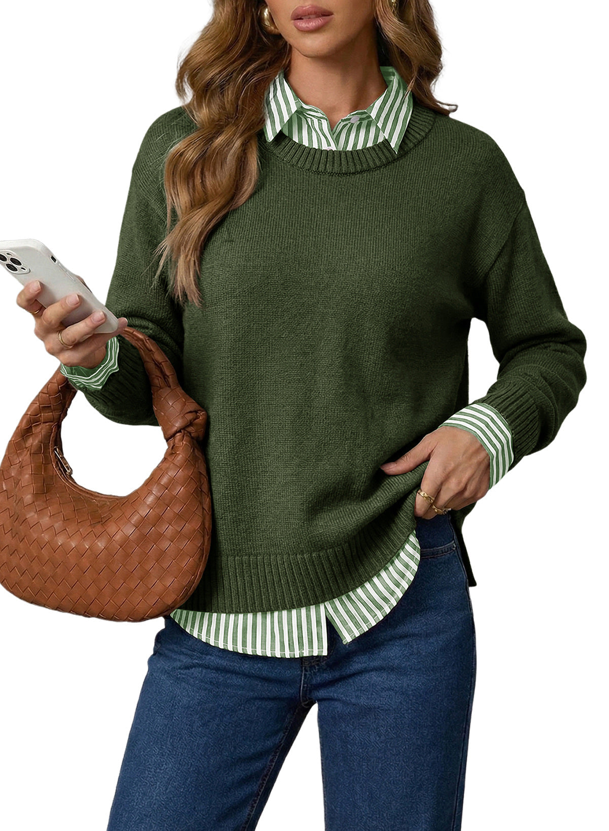 Dokotoo Sweaters for Women Long Sleeve Striped 2 in 1 V Neck Polo Pullover Sweater