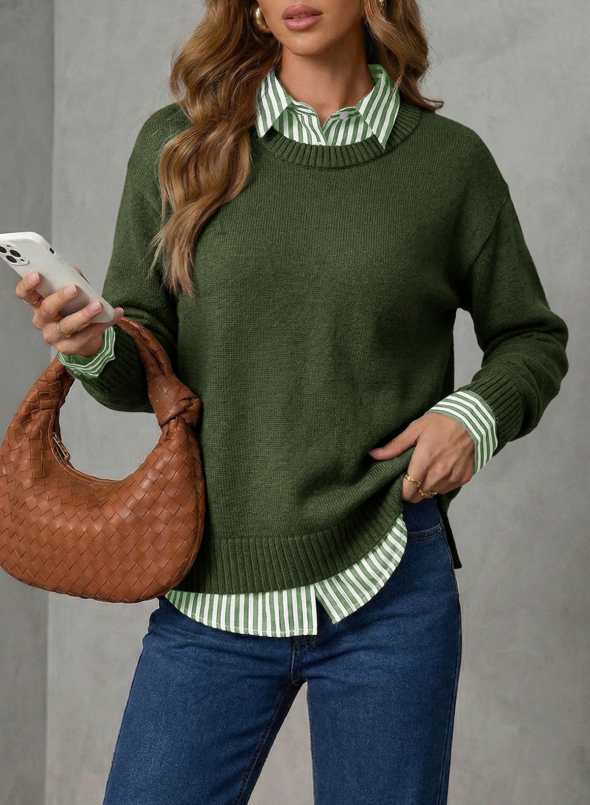 Dokotoo Sweaters for Women Long Sleeve Striped 2 in 1 V Neck Polo Pullover Sweater