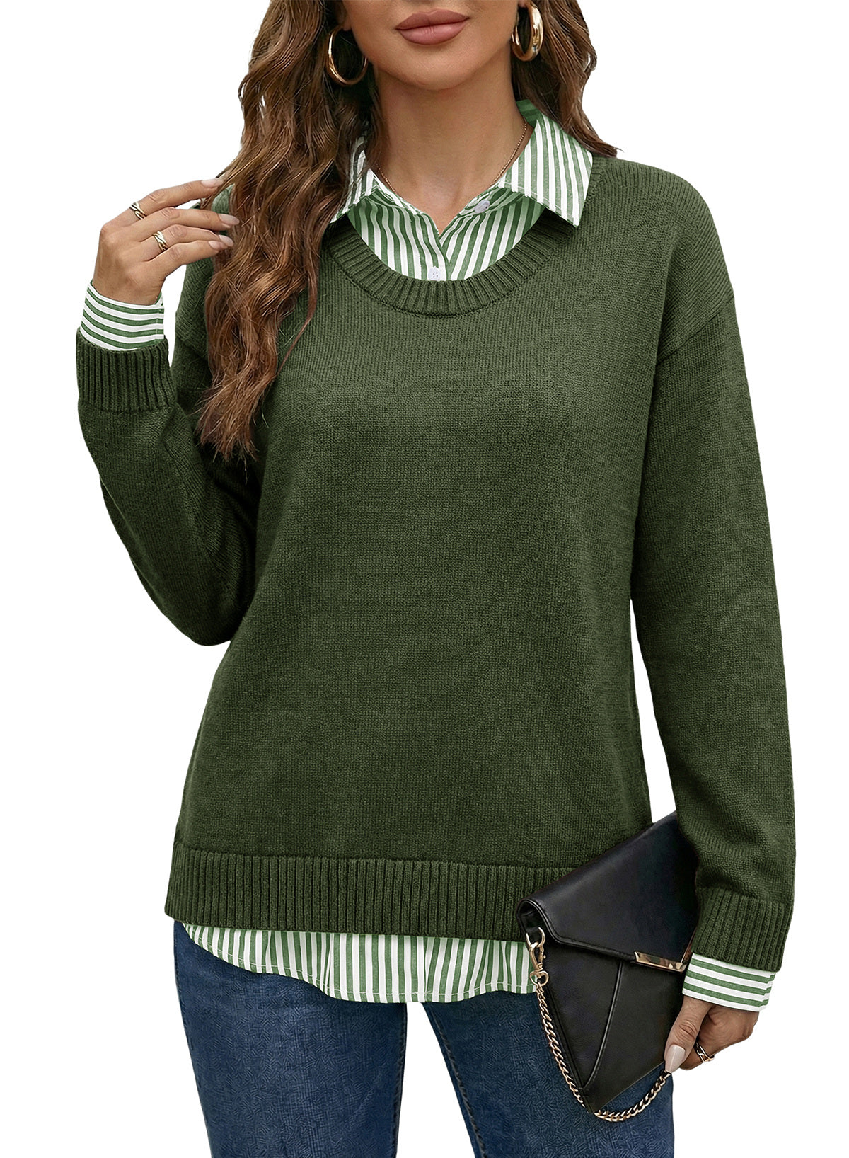 Dokotoo Sweaters for Women Long Sleeve Striped 2 in 1 V Neck Polo Pullover Sweater