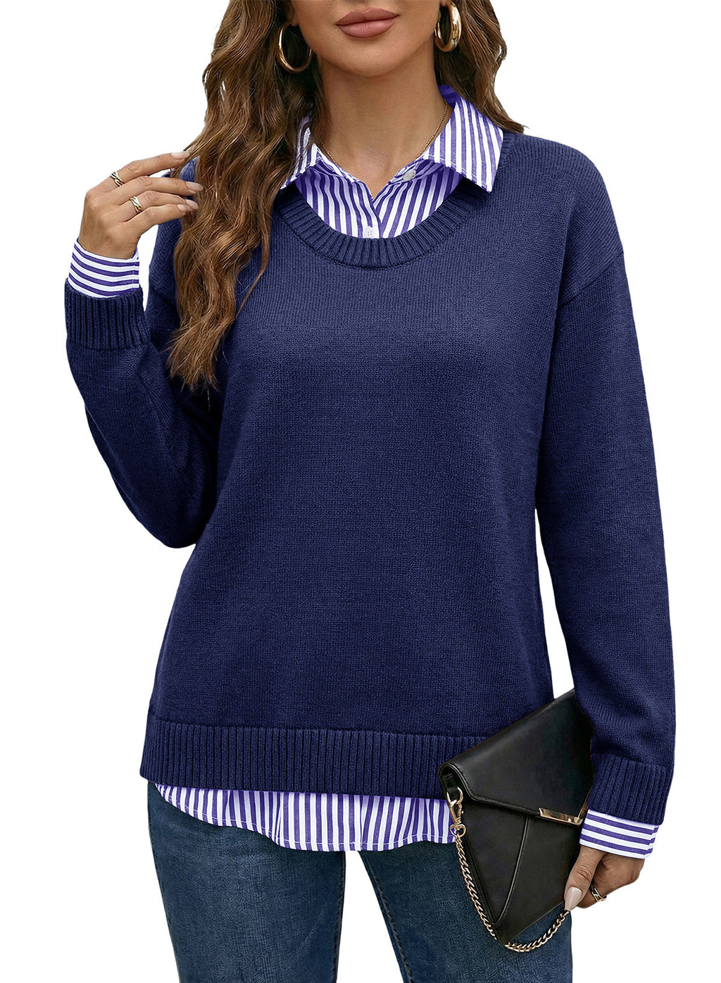 Dokotoo Sweaters for Women Long Sleeve Striped 2 in 1 V Neck Polo Pullover Sweater