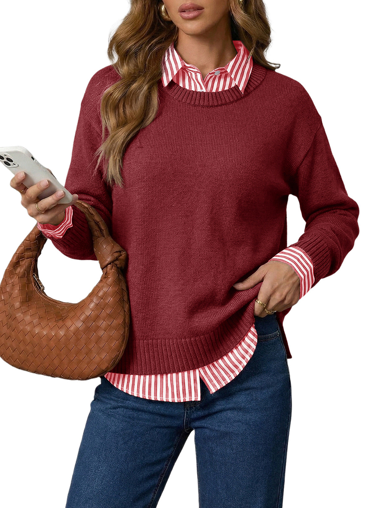 Dokotoo Sweaters for Women Long Sleeve Striped 2 in 1 V Neck Polo Pullover Sweater