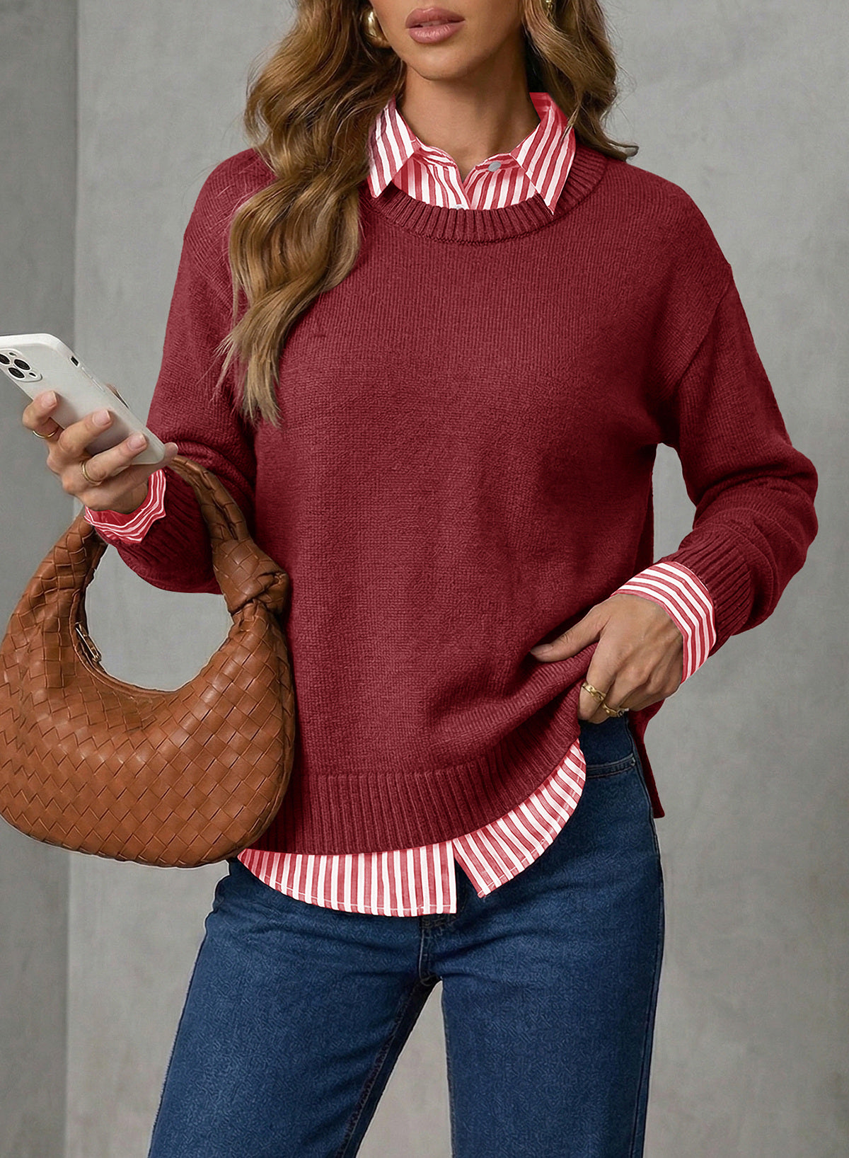 Dokotoo Sweaters for Women Long Sleeve Striped 2 in 1 V Neck Polo Pullover Sweater