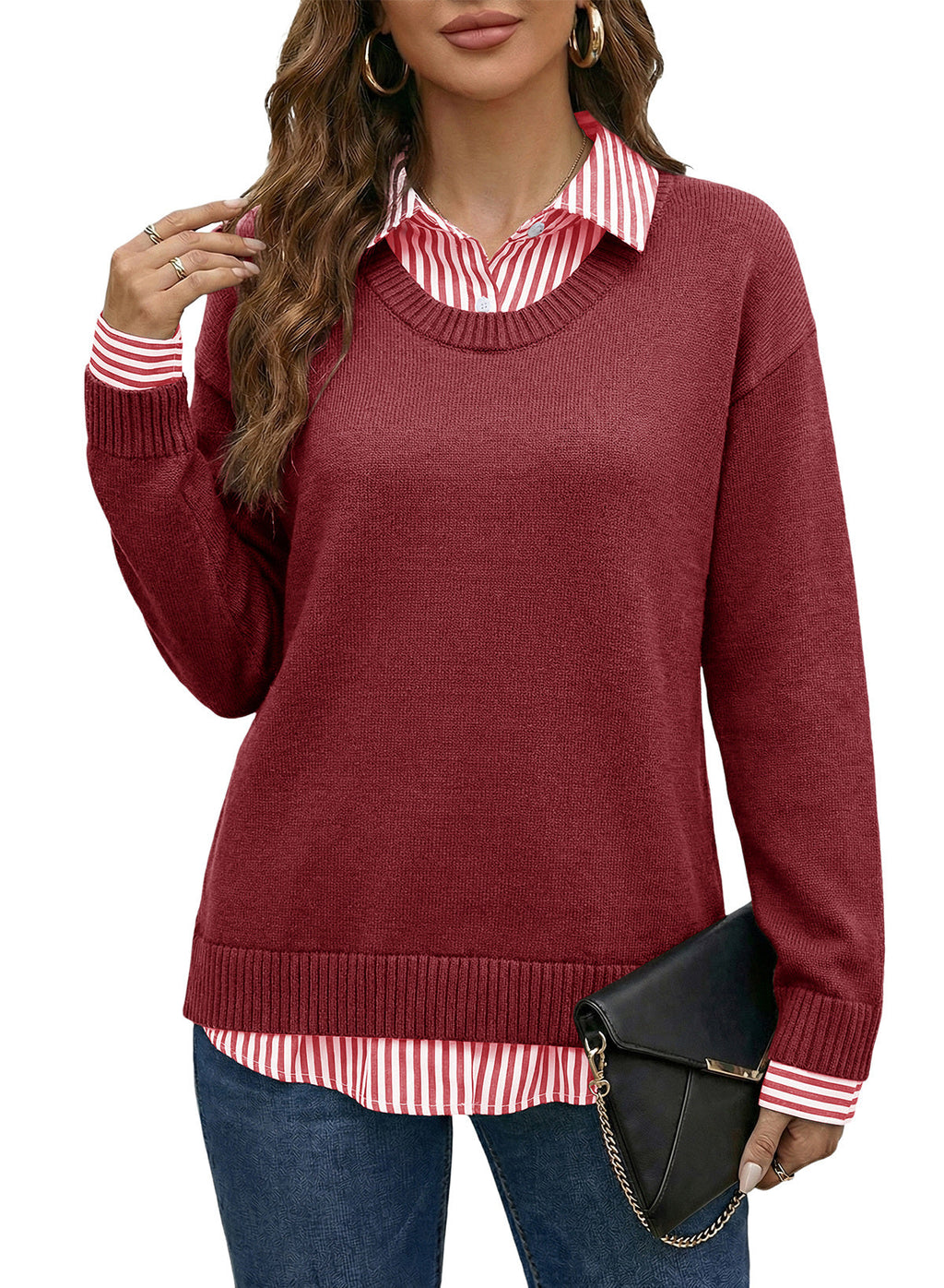 Dokotoo Sweaters for Women Long Sleeve Striped 2 in 1 V Neck Polo Pullover Sweater