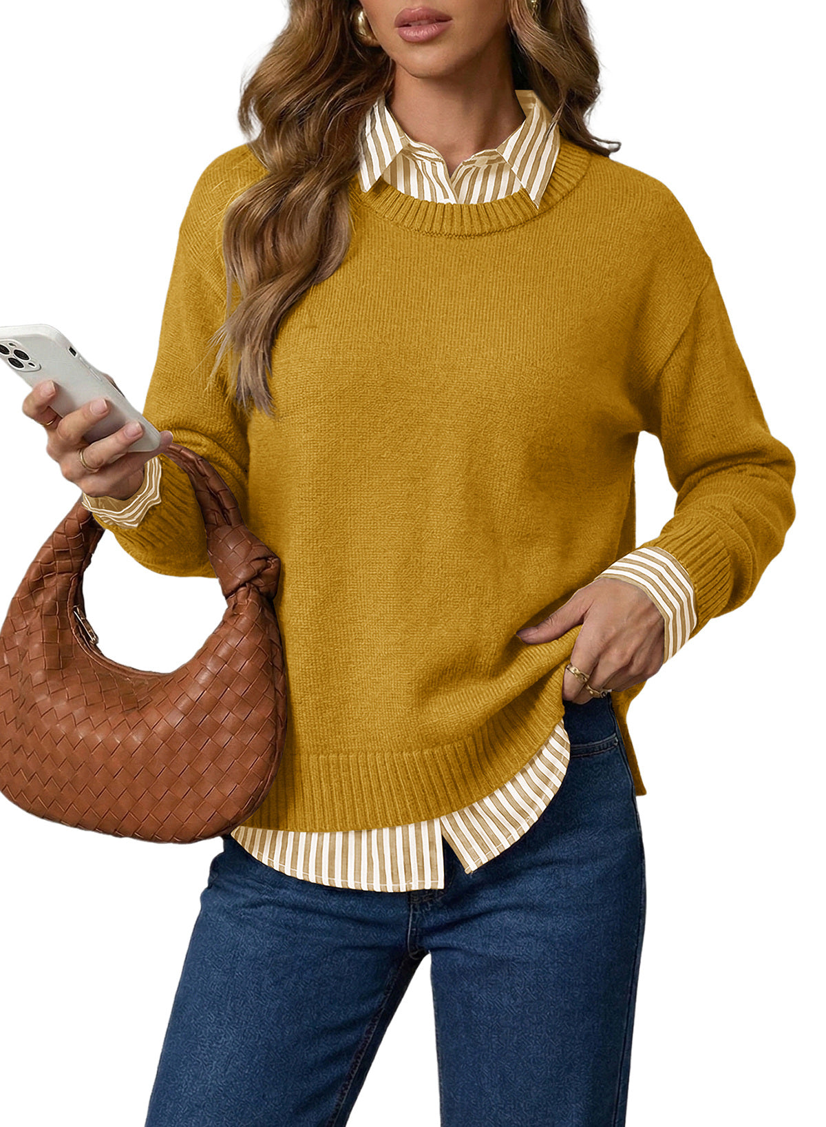 Dokotoo Sweaters for Women Long Sleeve Striped 2 in 1 V Neck Polo Pullover Sweater