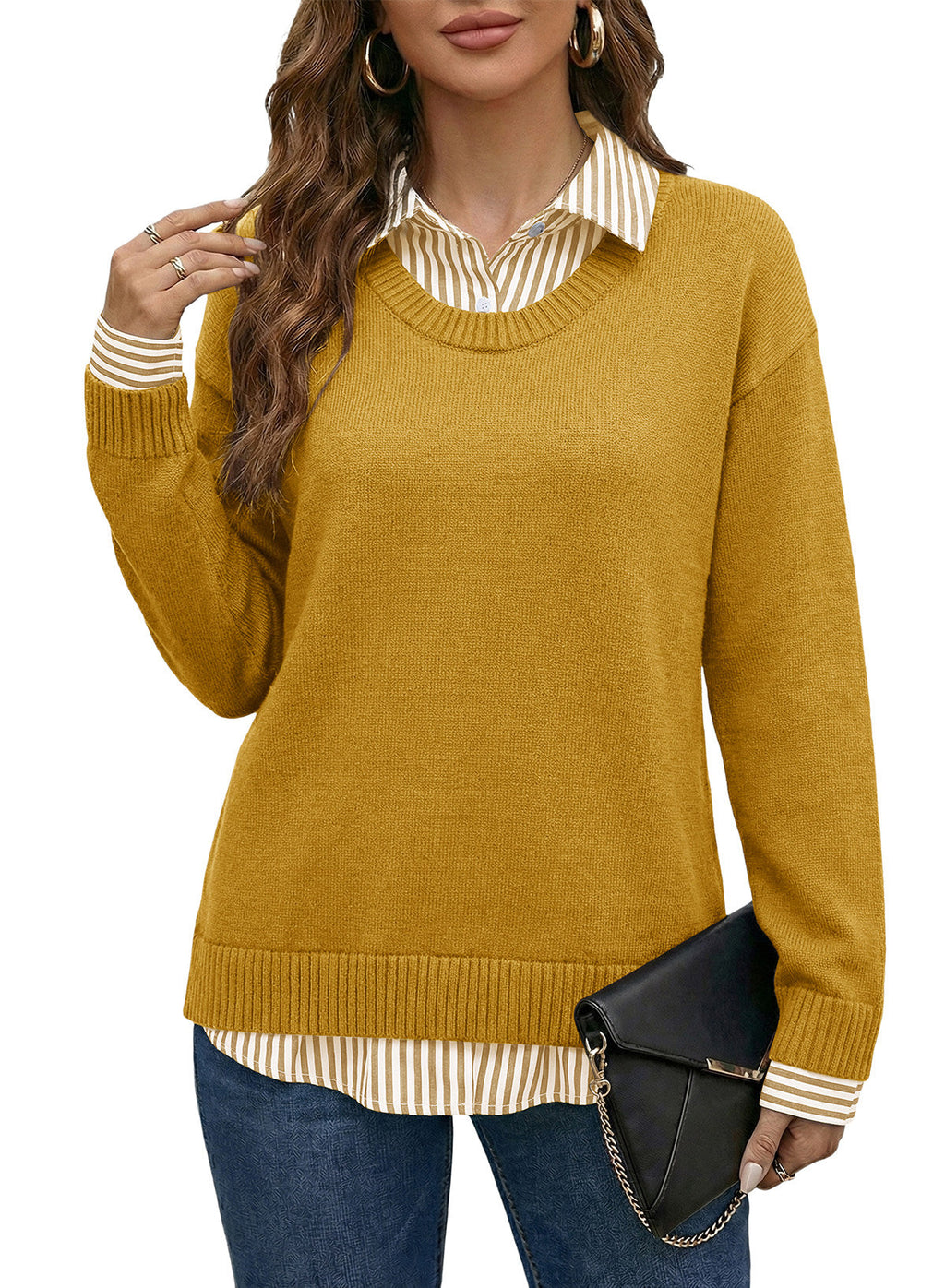 Dokotoo Sweaters for Women Long Sleeve Striped 2 in 1 V Neck Polo Pullover Sweater