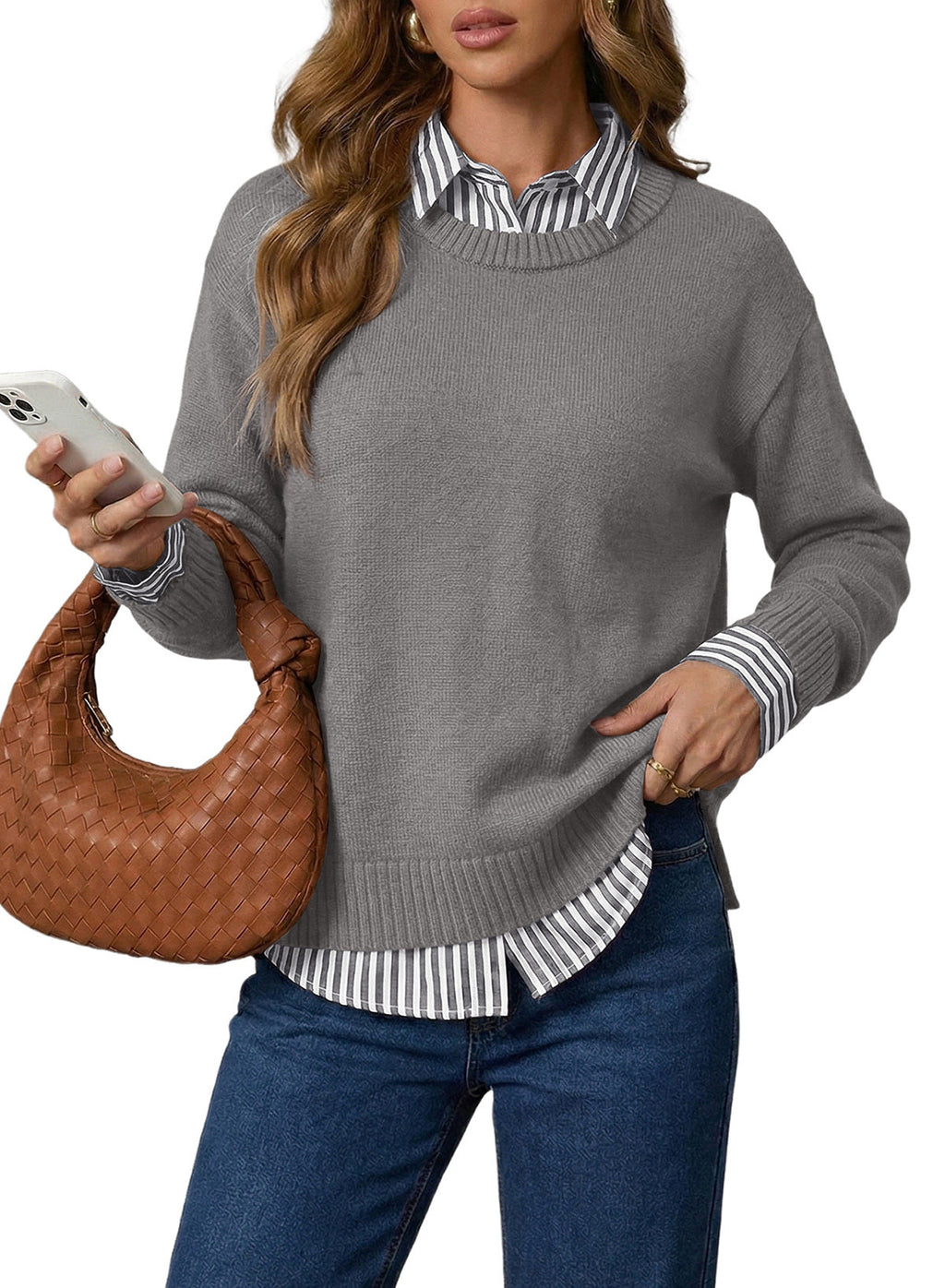 Dokotoo Sweaters for Women Long Sleeve Striped 2 in 1 V Neck Polo Pullover Sweater