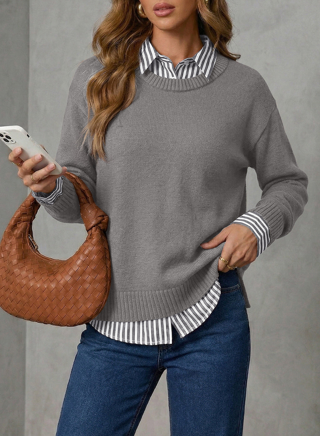 Dokotoo Sweaters for Women Long Sleeve Striped 2 in 1 V Neck Polo Pullover Sweater