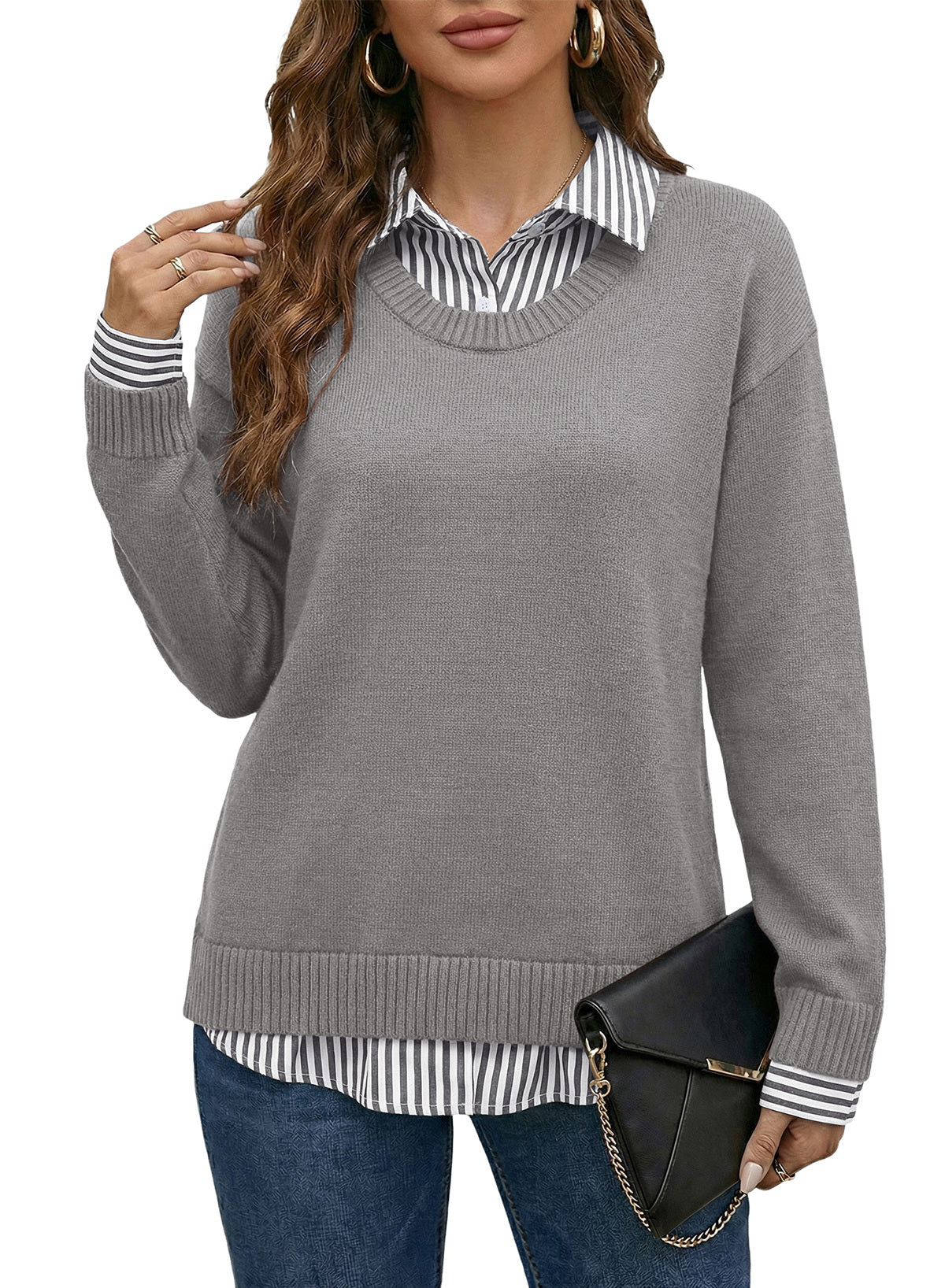 Dokotoo Sweaters for Women Long Sleeve Striped 2 in 1 V Neck Polo Pullover Sweater