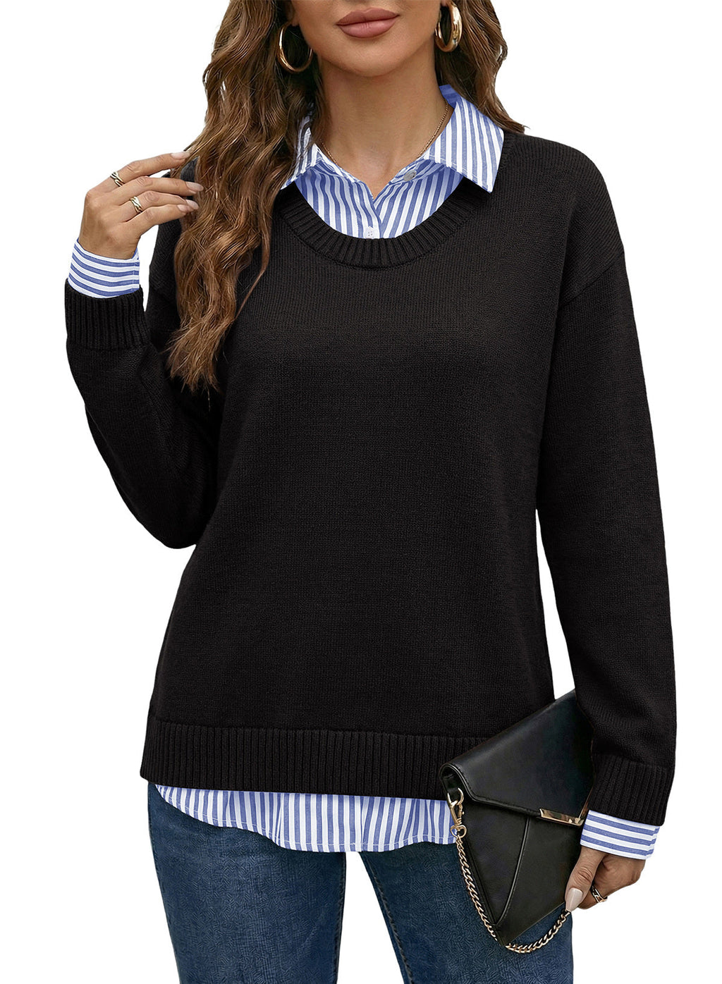 Dokotoo Sweaters for Women Long Sleeve Striped 2 in 1 V Neck Polo Pullover Sweater