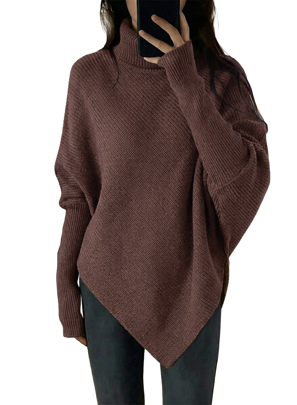 Women's Turtleneck Asymmetrical  Oversized Batwing Sleeve Sweaters