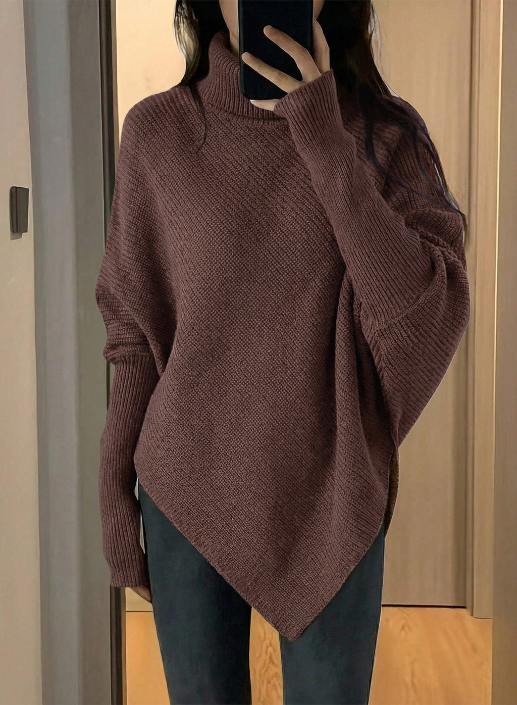 Women's Turtleneck Asymmetrical  Oversized Batwing Sleeve Sweaters