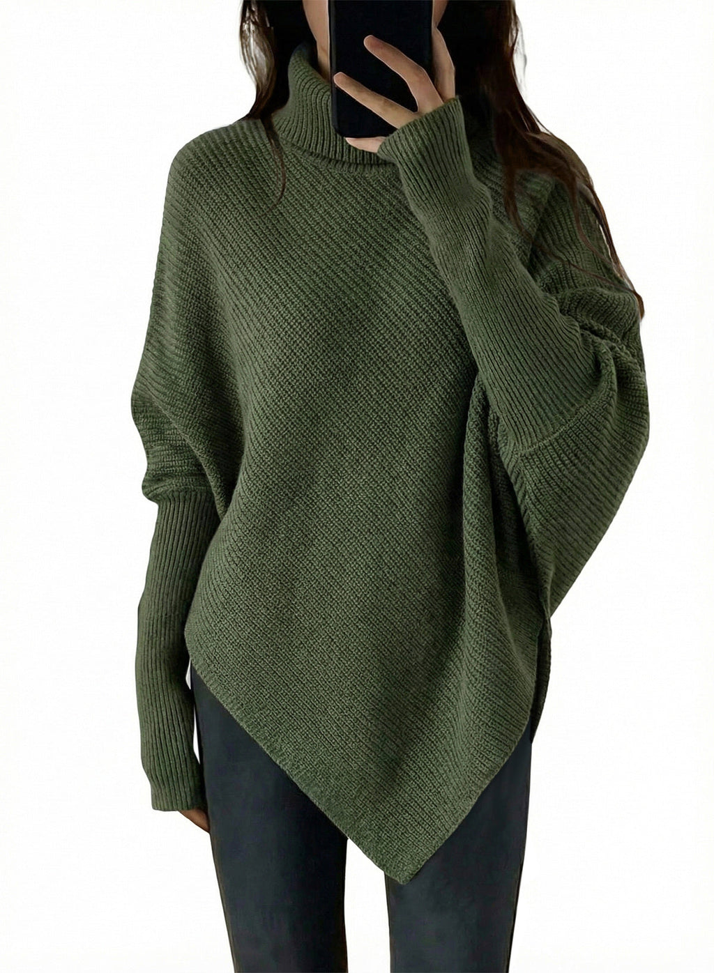 Women's Turtleneck Asymmetrical  Oversized Batwing Sleeve Sweaters