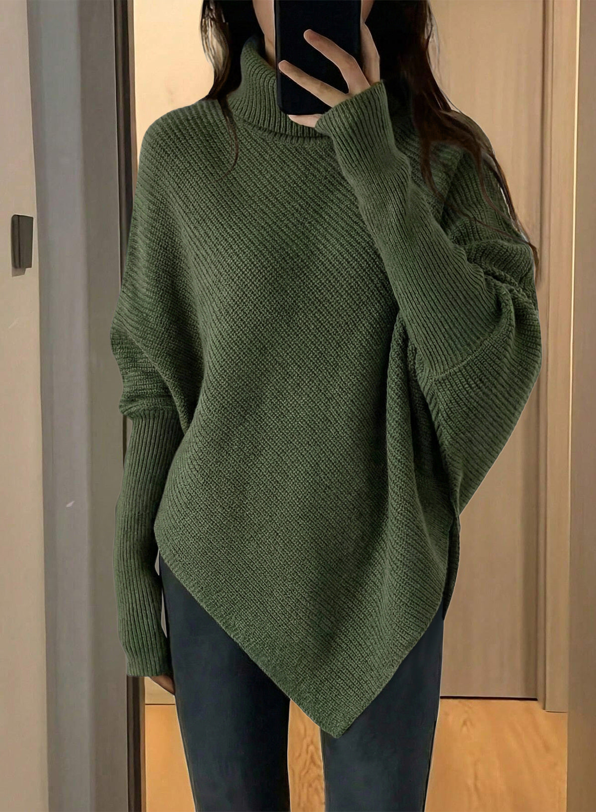 Women's Turtleneck Asymmetrical  Oversized Batwing Sleeve Sweaters