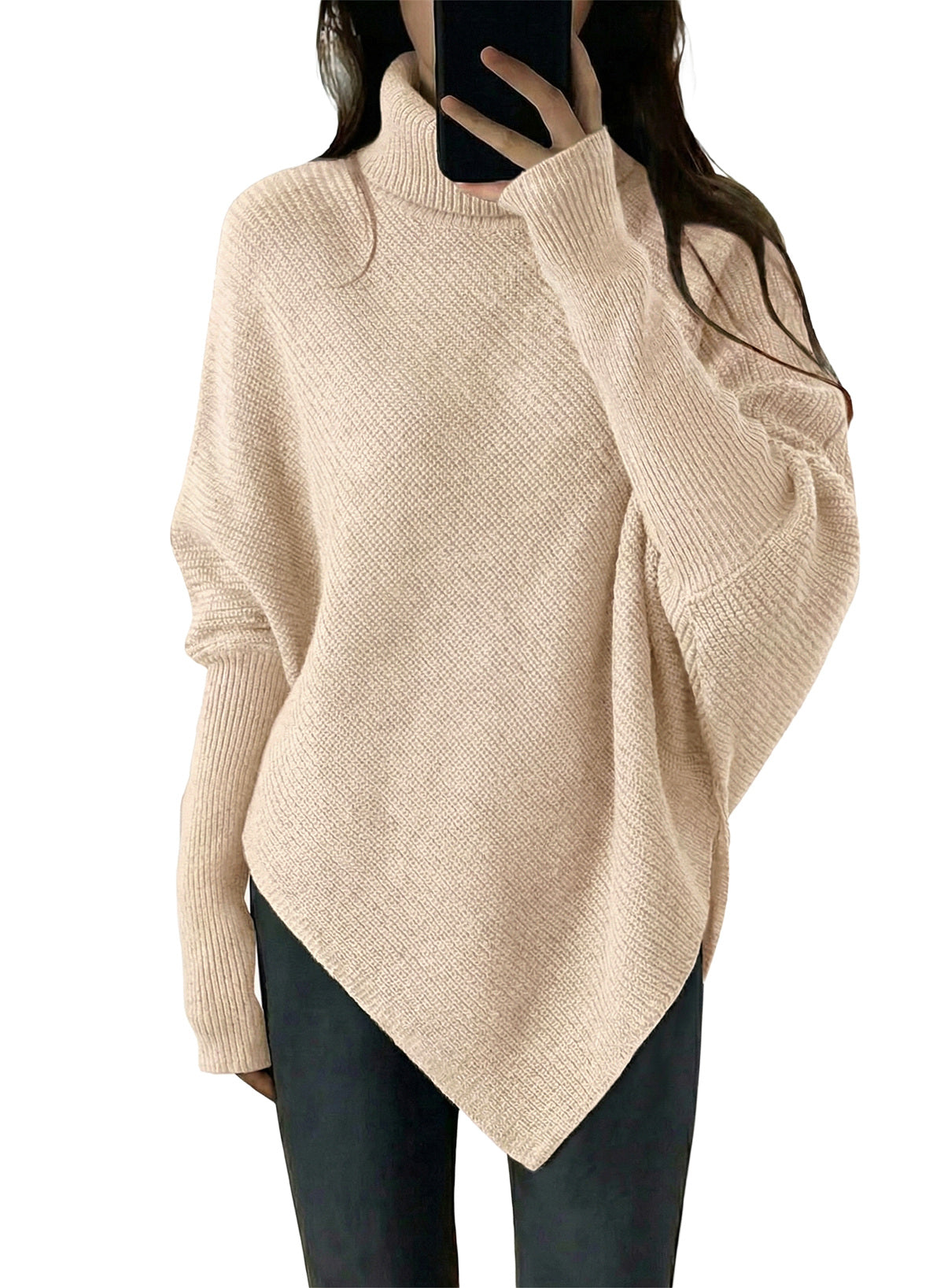 Women's Turtleneck Asymmetrical  Oversized Batwing Sleeve Sweaters