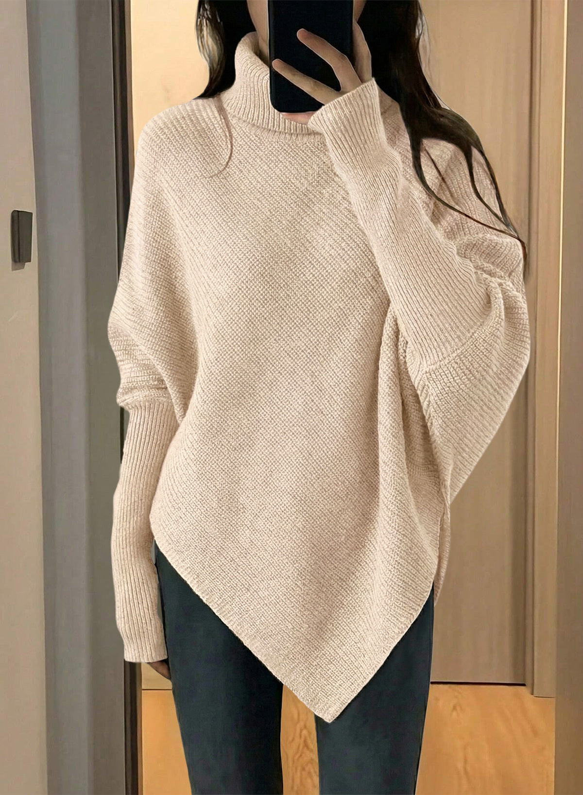 Women's Turtleneck Asymmetrical  Oversized Batwing Sleeve Sweaters