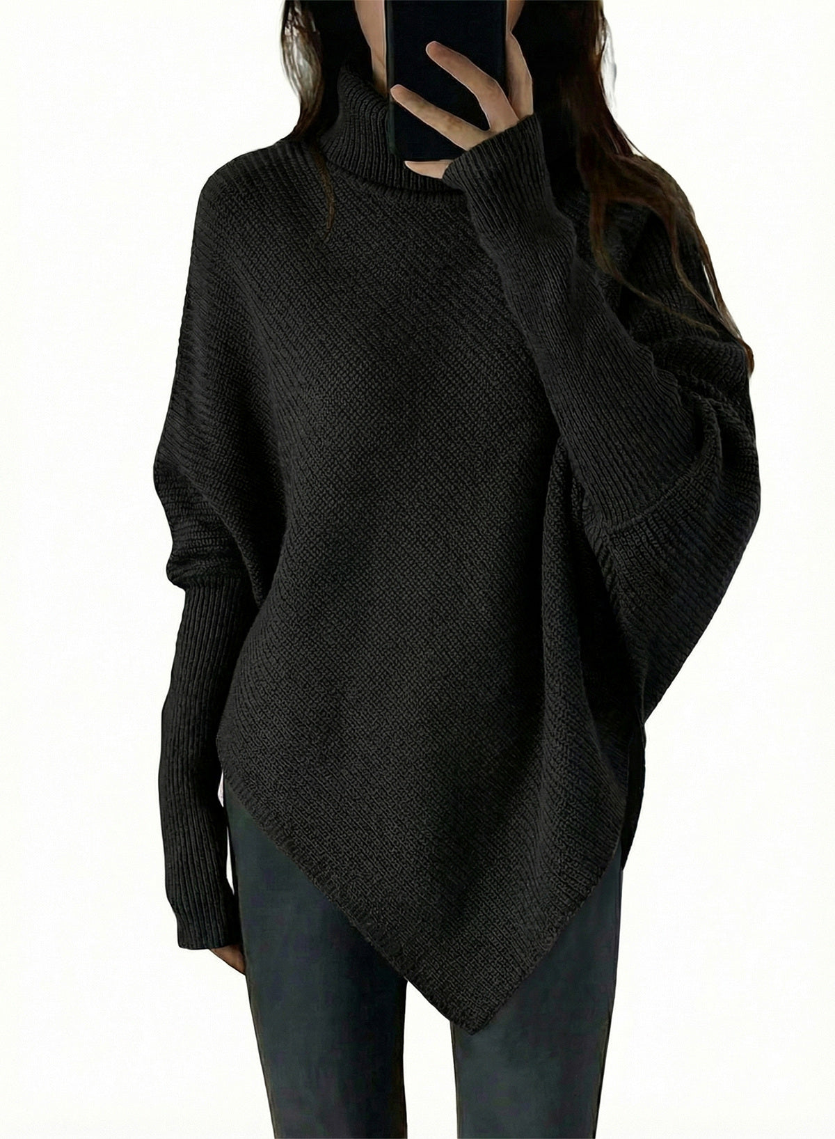 Women's Turtleneck Asymmetrical  Oversized Batwing Sleeve Sweaters