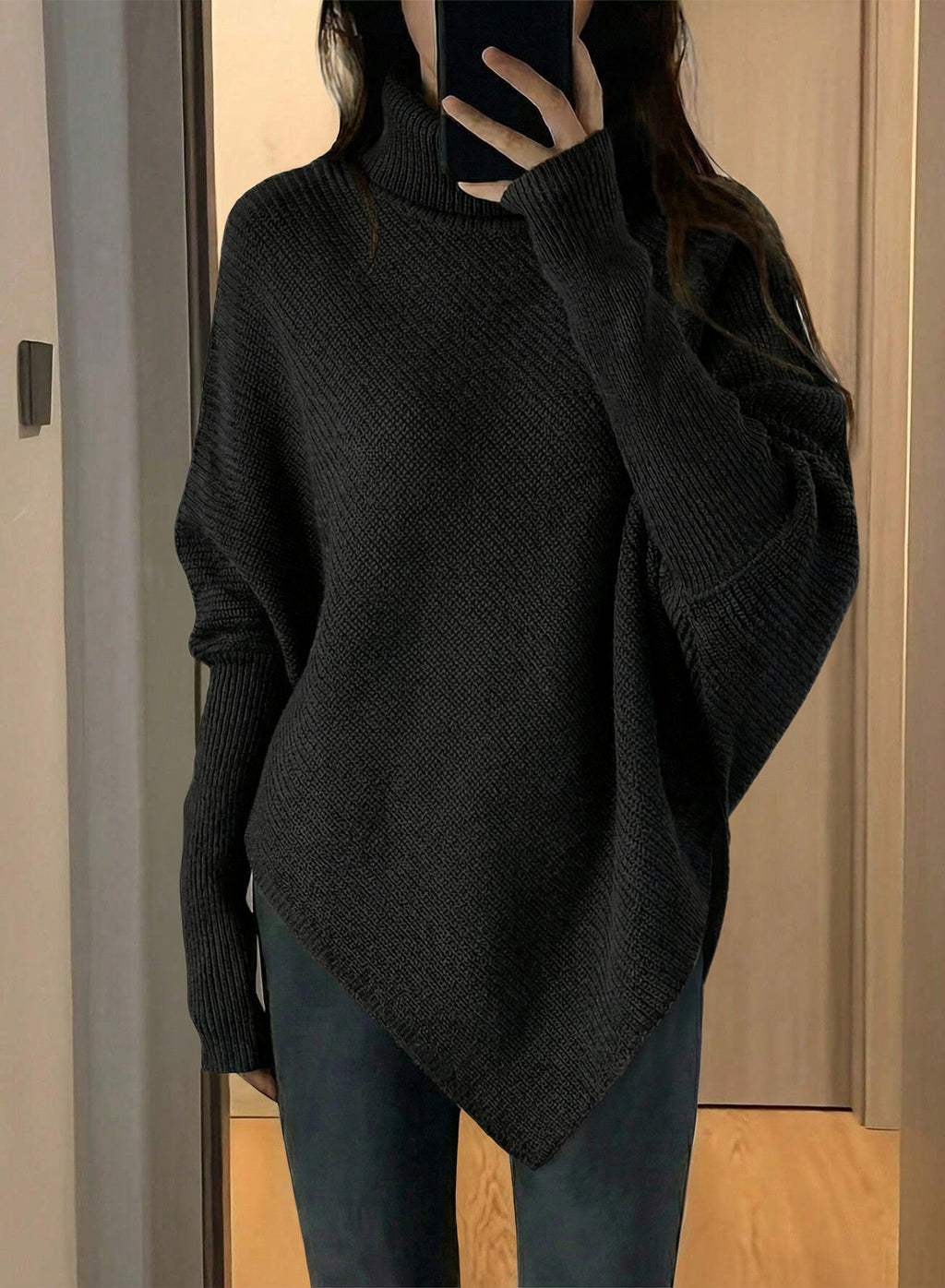 Women's Turtleneck Asymmetrical  Oversized Batwing Sleeve Sweaters