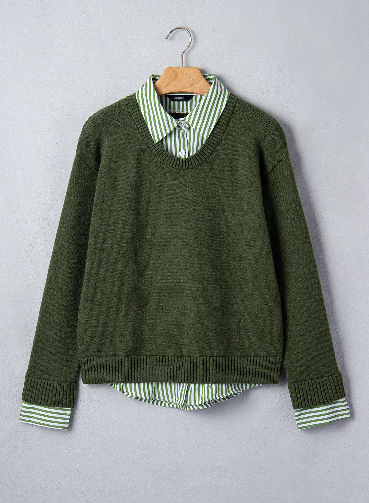 Dokotoo Sweaters for Women Long Sleeve Striped 2 in 1 V Neck Polo Pullover Sweater